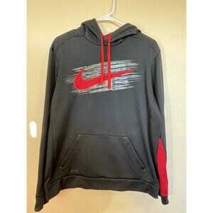 Nike Mens Hoodie Black/ red logo Size Large Therma Fit 100% Polyester